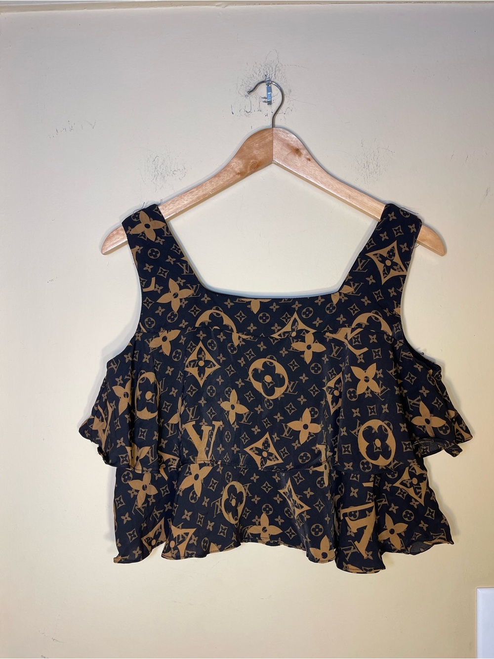 Designer-Style Black & Tan Logo Print Ruffle Crop Top